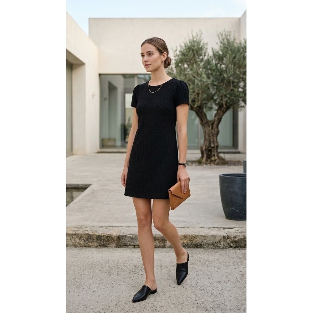 Maeve Diamond Textured Shift Dress Women L Black Knit Short Sleeve Anthropologie